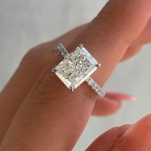 3.05 CT Radiant Cut Moissanite Engagement Ring, Solitaire Promise Ring, Hidden Halo Wedding Ring, Half Eternity Ring, Handmade Jewelry