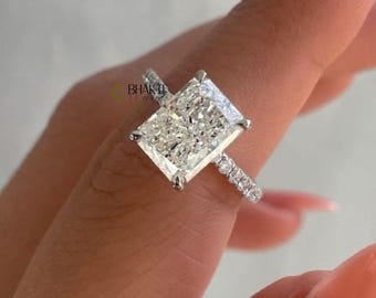 3.05 CT Radiant Cut Moissanite Engagement Ring, Solitaire Promise Ring, Hidden Halo Wedding Ring, Half Eternity Ring, Handmade Jewelry