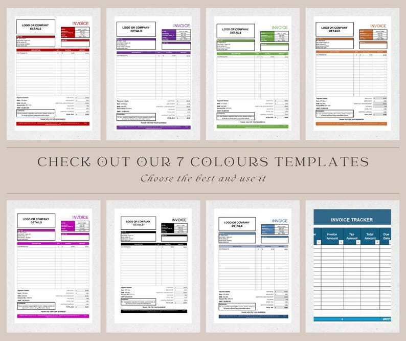 Excel Invoice Template: 7 Colors + Invoice Tracker (instant Download ...