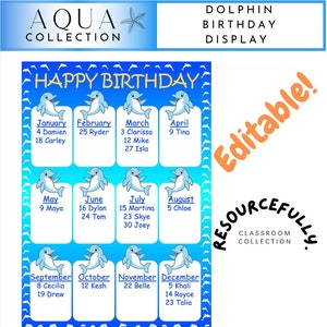 May include: A printable chart with a blue background and a dolphin graphic for each month of the year. The chart is titled "Happy Birthday" and includes the month, day, and name of each student. The chart is labeled "Dolphin Birthday Display" and "Resourcefully Classroom Collection".