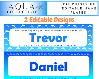 Editable Dolphin Themed Name Plates | Blue Tote Tray Labels | Blue Desk Plates with Alphabet and Numbers | Teacher Resource | Digital Print