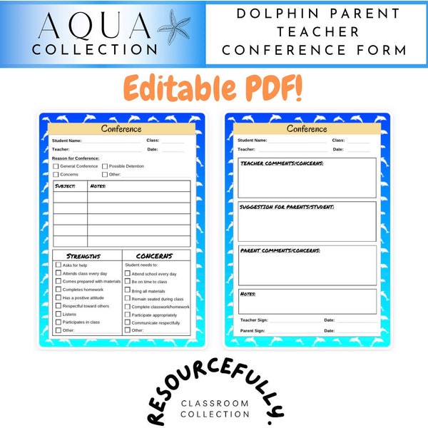 Editable Dolphin Themed Parent Teacher Conference Form l Parent Teacher Conference Template l Teacher Resource l Digital Print l