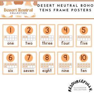 May include: Ten printable posters featuring a desert-themed design with a number, ten frame, and the word for the number. The posters are in a neutral color palette with brown, orange, and white.