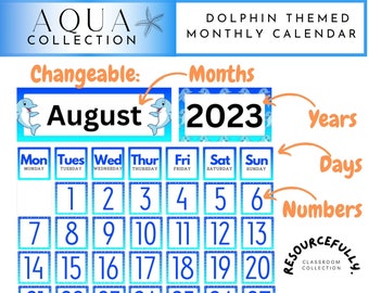 Dolphin Themed Monthly Calendar Display | Classroom Calendar Display | Teacher Resource | Digital Print | Months | Days | Year