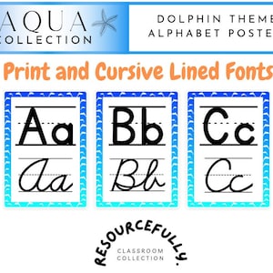 May include: Three printable alphabet posters featuring the letters A, B, and C in both print and cursive font. The posters have a blue and white ocean wave design and the text "Print and Cursive Lined Fonts" at the top.