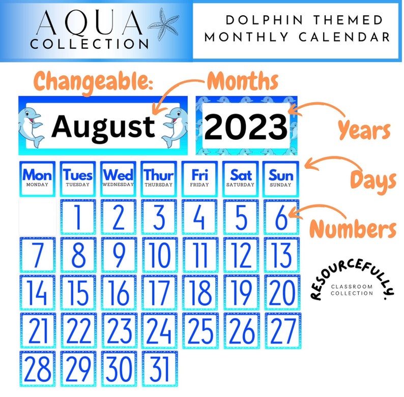 Dolphin Themed Monthly Calendar Display Classroom Calendar Display
