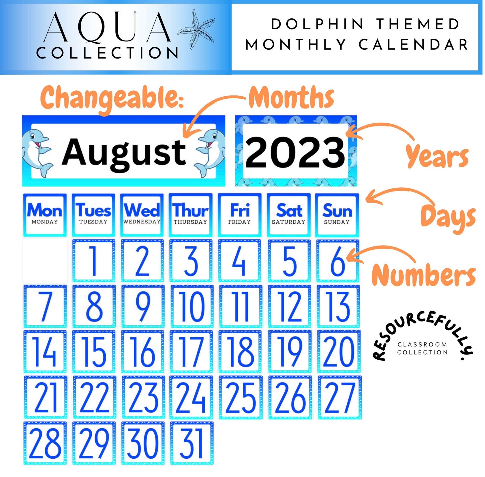 Dolphin Themed Monthly Calendar Display | Classroom Calendar Display ...