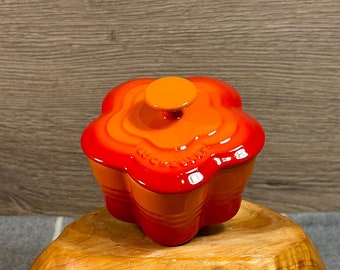 Preloved Le Creuset Flower Shape Cocotte Fleur Flame Red Orange Small Lidded Embossed Ramekin | French Collectible Home Bakeware Kitchenalia