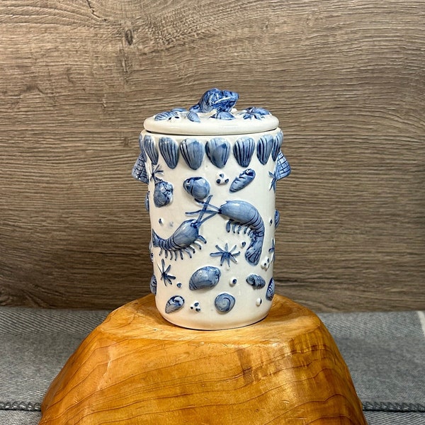 Vintage Hand Crafted & Painted Ceramic Lidded Blue White Raised Embossed Shrimp and Sea Shell Cannister Jar| Coastal and Nautical Home Decor