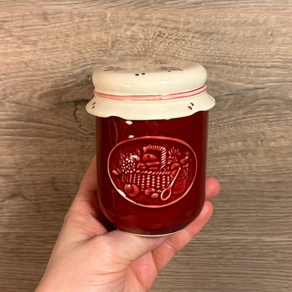 Vintage Holkham Pottery Small Red Carwright & Butler Broderie Tissu Red Berry Jam Jar Couvercle Couvercle Imitation Marmelade Pot Made in England