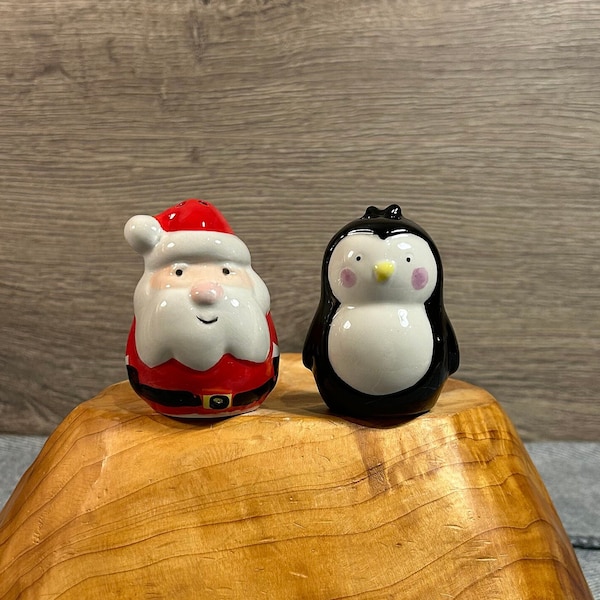 Vintage Ceramic Christmas Santa Clause & Penguin Salt and Pepper Shakers | Festive Whimsical Father Xmas Tableware | Fun Holiday Table Decor