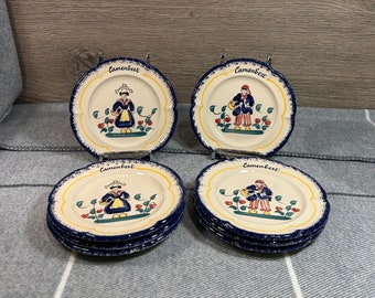 Vintage Hand Made and Painted Folk Art French Fait Main MBFA Camembert 8-Plate Set | Provincial France Home Decor | Collectible Kitchenalia