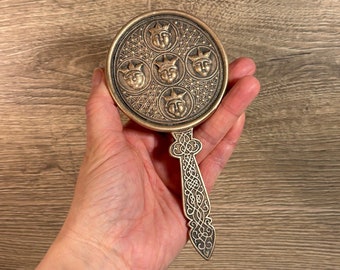 Vintage Solid Bronze Heavy Celtic Design Pattern & Five Faces Small MMA Hand Mirror| Metropolitan Museum of Art Collectibles| Rare Old Finds