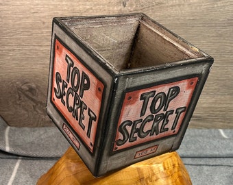 Vintage Hand Made Exclusively Designed by East of India Wooden Square Multifunctional 'Top Secret' Box Container| Letter Storage Desk Holder