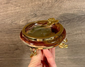 Vintage Italian Onyx & Koi Fish Dolphin Feet Petite Round Ashtray with a Small Gold Leaf | Mid Century Home Accessories | Italy Collectibles