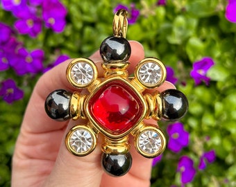 Vintage Gold Tone Chunky Heavy Red Glass Cabochon, Dark Grey Silver Faux Pearl and Clear Rhinestone Starburst Brooch Pin & Pendant- 2 in 1
