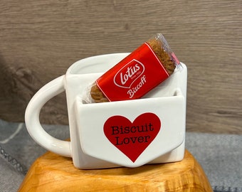 Preloved White Stoneware Large and Heavy Red Heart Biscuit Lover Mug with Pocket for Cookie | Genius Biscuit Pocket Mug | Afternoon Tea Cup