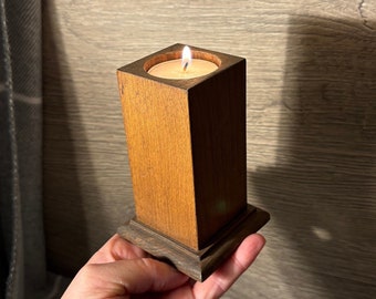 Vintage Hand Crafted Dark Wood Chunky Elegant Square Pillar Tealight Candle Holder | Wooden Home Accessories | Tea Light Stand Cosy Decor