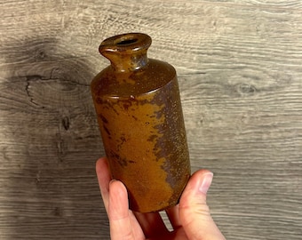 Vintage Collectible Lovatt Langley Mill Notts Pottery Brown Salt Glazed Stoneware Ink Bottle | Pouring Spout Inkwell | Antique Office Decor