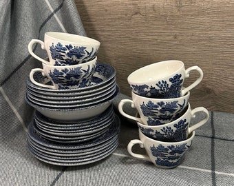 Vintage Churchill Blue Willow Tea Dessert Set | Traditional English Cobalt Blue & White Porcelain | Collectible Chinoiserie Art Kitchenalia