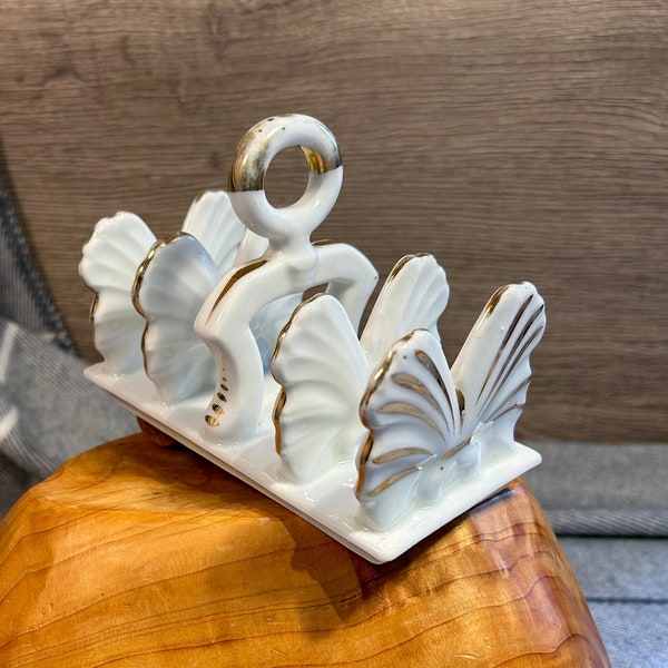 Vintage White Ceramic Traditional 4-Slice Butterfly Shaped Gilded Toast Rack | Dreamy Fairy Home Decor | Shabby Chic Style | Wildlife Decor