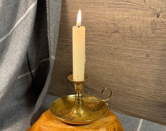 Vintage Enamelled Brass Chamberstick | Old School Night Time Accessory | Harvest Fruit & Berry Rustic Collectibles | Carry Loop Candle Stand
