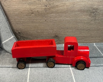 Vintage Hand Crafted Large Red Wood Lorry Logging Truck Children's Toy | Wooden Bright Logging Truck | Collectible Heavy Truck with Trailer