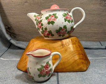 Vintage Hand Painted Traditional Teapot & Creamer Set with Dainty Pink Flowers and Green Leaves | Afternoon Tea Party | Cottage Home Decor