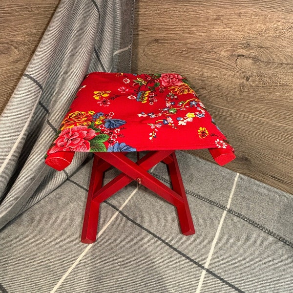 Preloved Hand Crafted Bright Red Floral Portable Folding Wood and Fabric Stool with Chrysanthemum Upholstery Nail Tacks | Flower Power Art