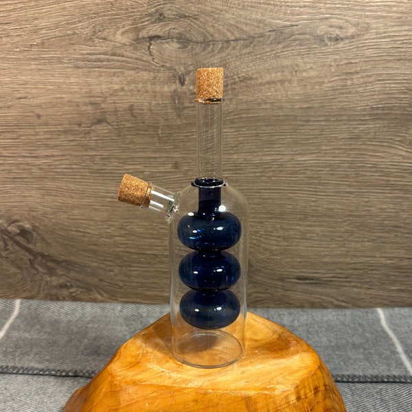 Preloved Oliver Bonas Nami Blue Glass Olive Oil & Vinegar Bottle | 2 in 1 Tableware Cruets | Small Dual Glass Dispensing Bottle Kitchenalia