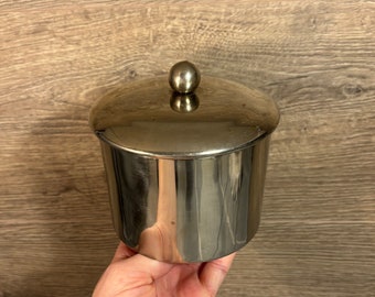 Vintage Silver Tone Metal Round Heavy Lidded Kitchen Condiment Pot| Patinated Sugar Container | MCM Kitchenalia Barrel| Counter Top Canister