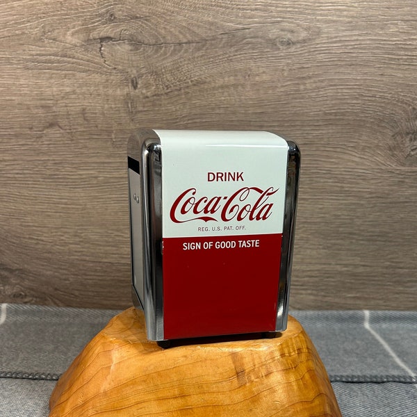 Petit distributeur de serviettes en métal Coca Cola CC381 2014 avec 2 slogans publicitaires classiques | Marchandises promotionnelles traditionnelles de Coca-Cola