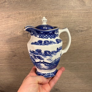 Vintage 1995 Ringtons Cobalt Blue & White Hot Water Jug | English Tea Merchants Collectible | Wade Old Willow Lidded Pot | Traditional Decor