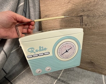 Preloved The Silver Crane Collectible 1950s Blue & Cream Retro Radio Replica Empty Metal Tin with Swing Handle | Butter Cookies Storage Box