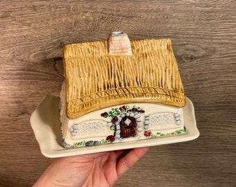 vintage Carlis Ware peint à la main et couvercle de toit de chaume à la main fromage cottage et beurrier | Objets de collection en poterie anglaise pour la cuisine
