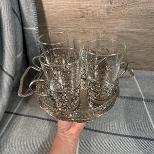 Vintage Arcoroc France Silver Tone Tea Holders on Small Round Tray- Set of 5| French Mid Century Tableware| Boozy Irish Coffee Barware Decor