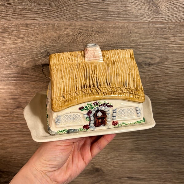 Vintage Carlis Ware Hand Painted & Hand Finished Lidded Thatched Roof Cottage Cheese and Butter Dish | English Pottery Kitchen Collectibles