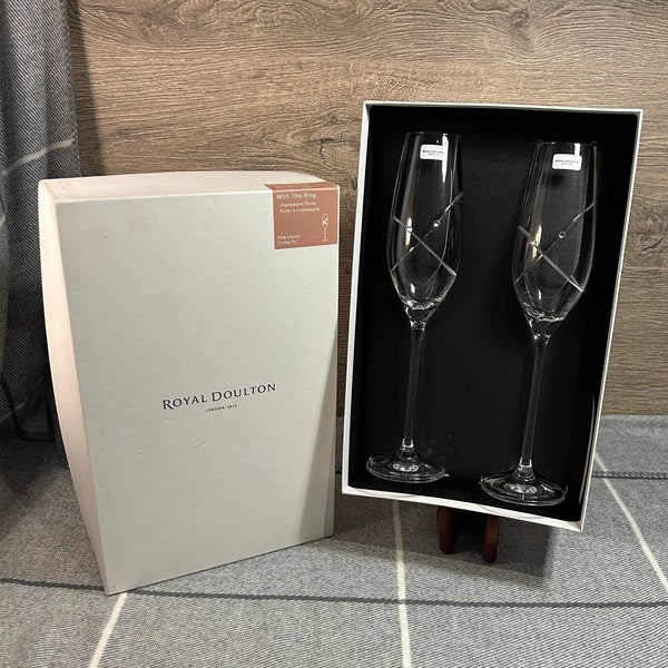 Preloved Royal Doulton Promises 'With This Ring' Champagne Toasting Flutes- Boxed Set of 2 with Swarovski Elements | Glass Made in Slovakia
