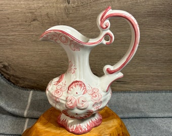 Vintage Hand Painted Portuguese Pottery Ornate Pink Jug Pitcher Vestal Vase with Large Handle | Art Made in Portugal | Mediterranean Decor