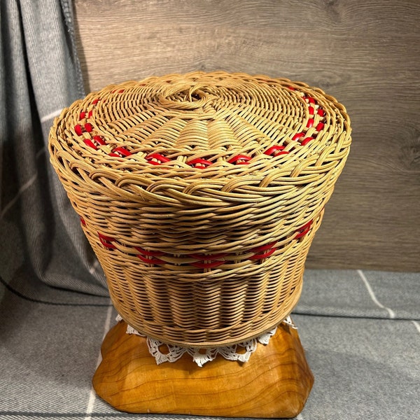 Vintage Mid Century Round Wicker Sewing Crafting Hobby Basket with Red Woven Stripe Detail, Padded Reversible Removable Lid and Red Lining