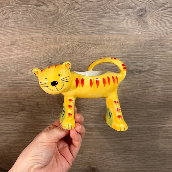 Preloved Hand Painted Ceramic Happy Smiley Long Tailed Tiger Egg Holder | Fun Cat Kitchenalia Essentials | Exotic Animal Tea Light Holder