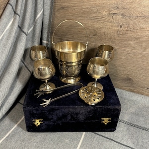 Vintage verzilverde EPNS-ijsemmer met tang en bekers set van 6 | Verzamelobjecten uit het midden van de eeuw | MCM Drankenwagen
