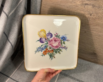 Vintage Arzberg German Hand Painted Square Heavy Gilded Floral Porcelain Tray | Mid Century Collectibles from Germany | Pretty Boudoir Decor
