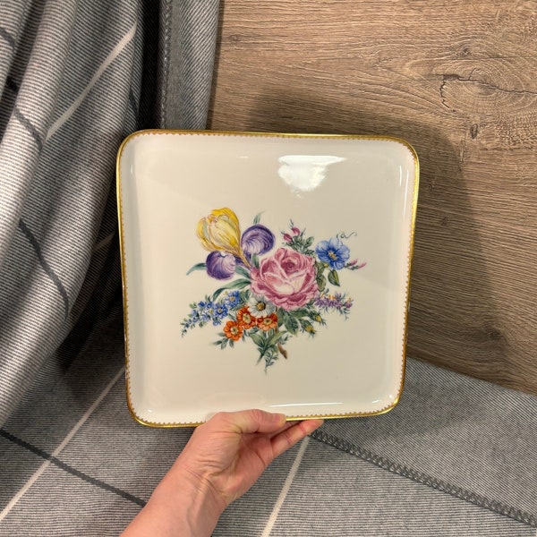 Vintage Arzberg German Hand Painted Square Heavy Gilded Floral Porcelain Tray | Mid Century Collectibles from Germany | Pretty Boudoir Decor