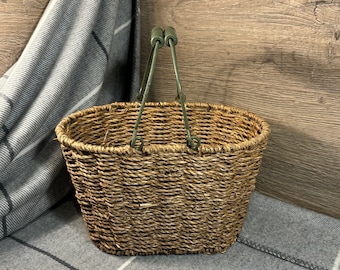 Vintage Hand Crafted Shabby Chic Green Metal & Wood Double Handle Basket | Hand Made Old Natural Storage| Rustic Home Decor and Accessories