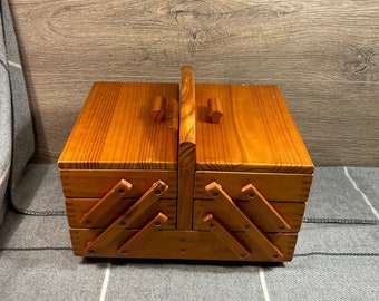 Vintage MCM Tan Wood 3 Tier Cantilever Sewing Box | Retro Accordion Concertina Tailor Sew Storage | Mid Century Arts and Crafts Folding Box