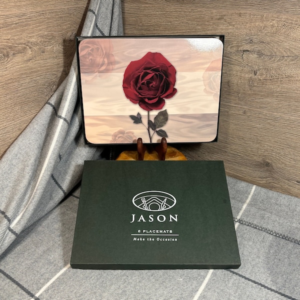 Vintage 2003 Rouge Noir Six Placemats by Jason Make the Occasion in Original Box | Deep Dark Merlot Maroon Sultry Red Roses Tableware Decor