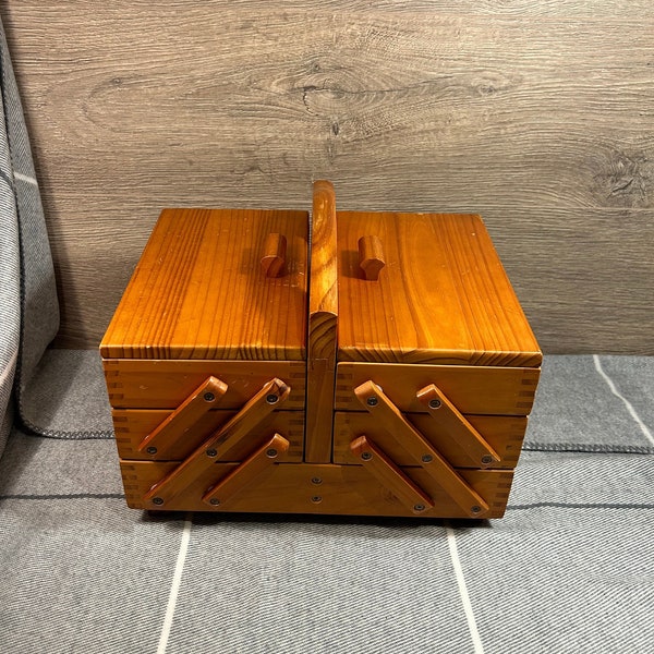 Vintage MCM Tan Wood 3 Tier Cantilever Sewing Box | Retro Accordion Concertina Tailor Sew Storage | Mid Century Arts and Crafts Folding Box