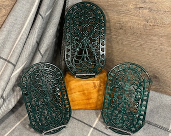 Vintage Traditional Green Enamel Cast Iron Oval Trio of Trivets | Farmhouse Daily Kitchenalia Decor | Rustic Country Home Kitchen Essentials