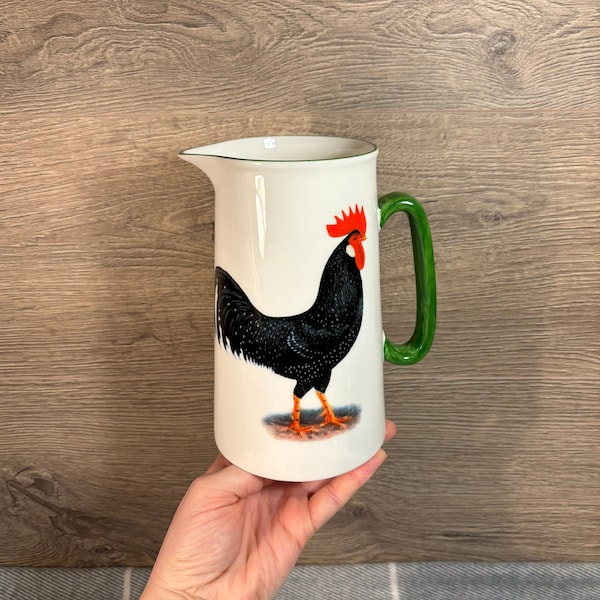 Vintage Staffordshire Associated Potters 13 Black Rooster & Hen Ceramic Jug Pitcher with Hand Painted Traditional Green Handle| Farm Animals